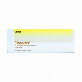 Box of Cerazette desogestrel 75 µg contraceptive pill with blister pack