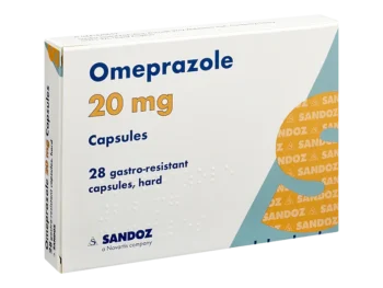 Box of Omeprazole 20mg Capsules for acid reflux treatment